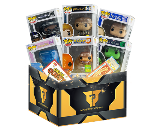 Mystery Grail box with six Funko Pops and game cards