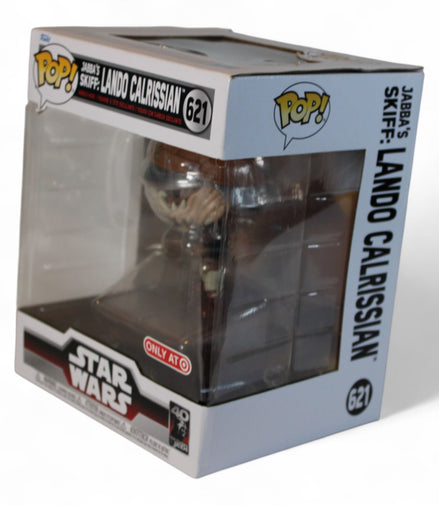Side view of Funko Pop Lando Calrissian in Jabba's Skiff box