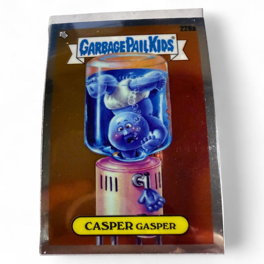 2023 Topps Chrome Garbage Pail Kids card #228b featuring Casper Gasper, shown submerged upside-down in a water cooler, mint condition.  
