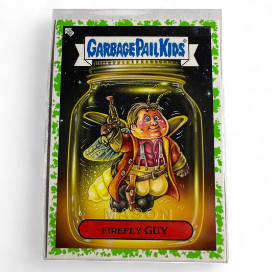 2023 Topps Chrome Garbage Pail Kids card #10a features Firefly Guy, a glowing insect-human hybrid dressed like a space captain in a mason jar.  
