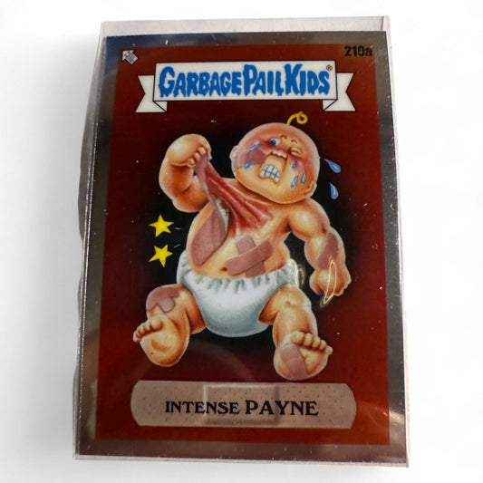 This Garbage Pail Kids Intense Payne sticker card shows a 1986 Topps OS6 baby peeling off a band‑aid in pain in near mint condition.
