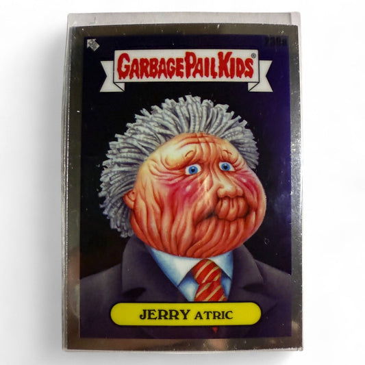 A near‑mint 2023 Topps Garbage Pail Kids Chrome OS6 #239a “Jerry Atric” card featuring a cartoon face crushing vacuum with shiny chrome effect.  
