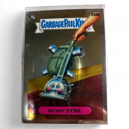 A near‑mint 2023 Topps Garbage Pail Kids Chrome OS6 #236b “Suckin’ Sybil” card showing cartoon child vacuumed upside down in chrome finish.  
