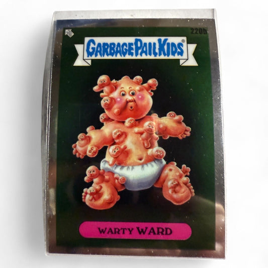 Topps Chrome 2023 Garbage Pail Kids card #220b shows Warty Ward covered in animated warts, each resembling a tiny baby, mint condition.  
