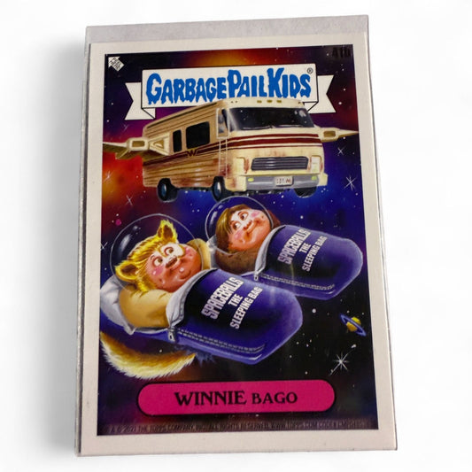 2023 Topps Chrome Garbage Pail Kids card #41b features Winnie Bago in a space-themed RV parody with kids zipped in character sleeping bags.  

