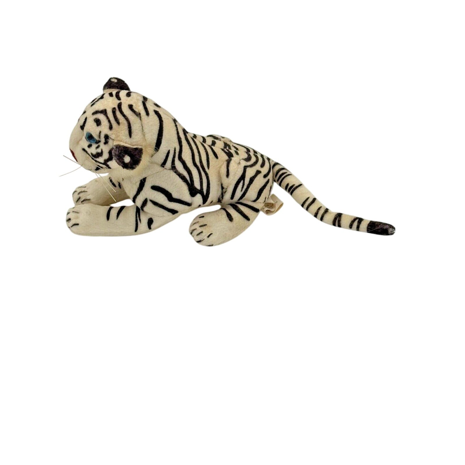 Side view of Goffa white tiger plush showing stripes