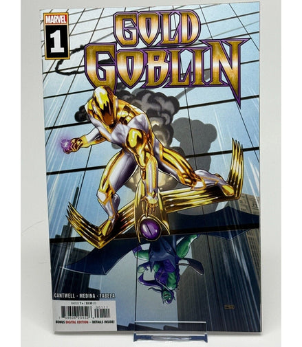 Cover of Gold Goblin #1 Marvel Comics 2022 featuring a golden superhero on a skyscraper