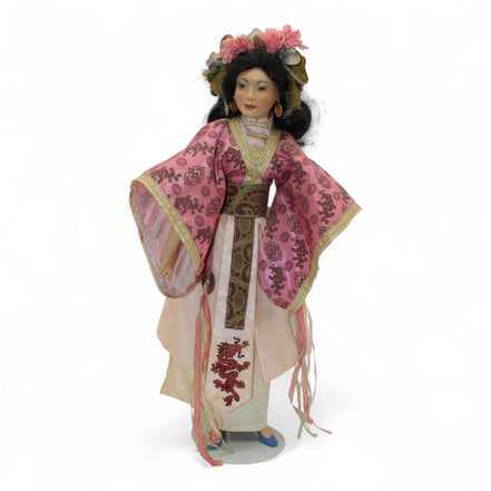 Handcrafted Porcelain Doll with Pink & Gold Dragon EmbroideryHandmadeFashion Dollasian dollcollectible dollcultural decor6
