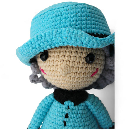 Handmade Amigurumi Crochet Doll with Blue Dress and AccessoriesFlip Side CollectiblesDollamigurumiblue dress dollbrimmed hat3