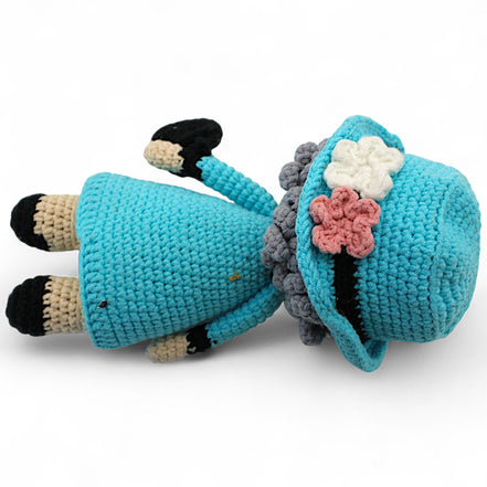 Handmade Amigurumi Crochet Doll with Blue Dress and AccessoriesFlip Side CollectiblesDollamigurumiblue dress dollbrimmed hat6