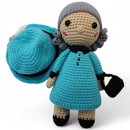 Handmade Amigurumi Crochet Doll with Blue Dress and AccessoriesFlip Side CollectiblesDollamigurumiblue dress dollbrimmed hat2