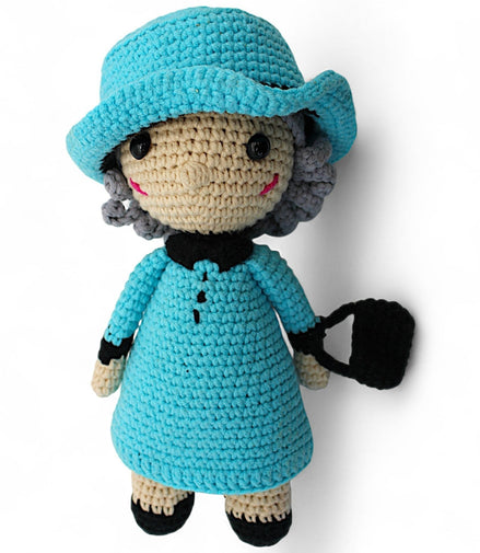 Handmade Amigurumi Crochet Doll with Blue Dress and AccessoriesFlip Side CollectiblesDollamigurumiblue dress dollbrimmed hat1