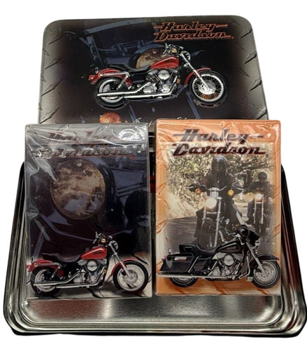 Open Harley-Davidson tin with two decks of playing cards