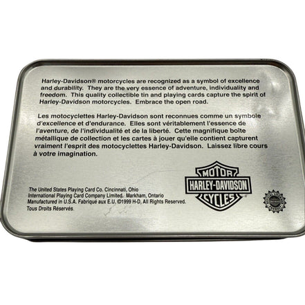 Back of Harley-Davidson collector tin with product description