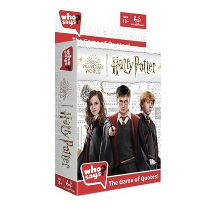 Front view of Who Says? Harry Potter card game box featuring main characters