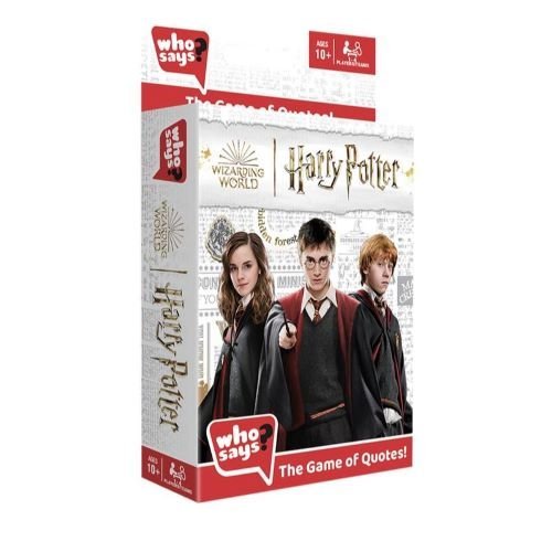 Front view of Who Says? Harry Potter card game box featuring main characters