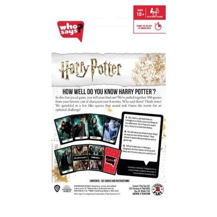 Back of the Who Says? Harry Potter card game box with game details
