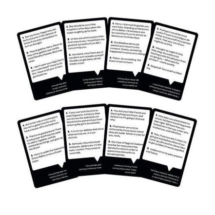 Close-up of quote cards from the Who Says? Harry Potter card game