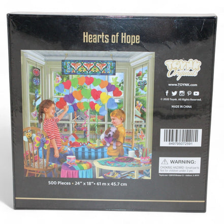 Back view of Hearts of Hope puzzle box with product details