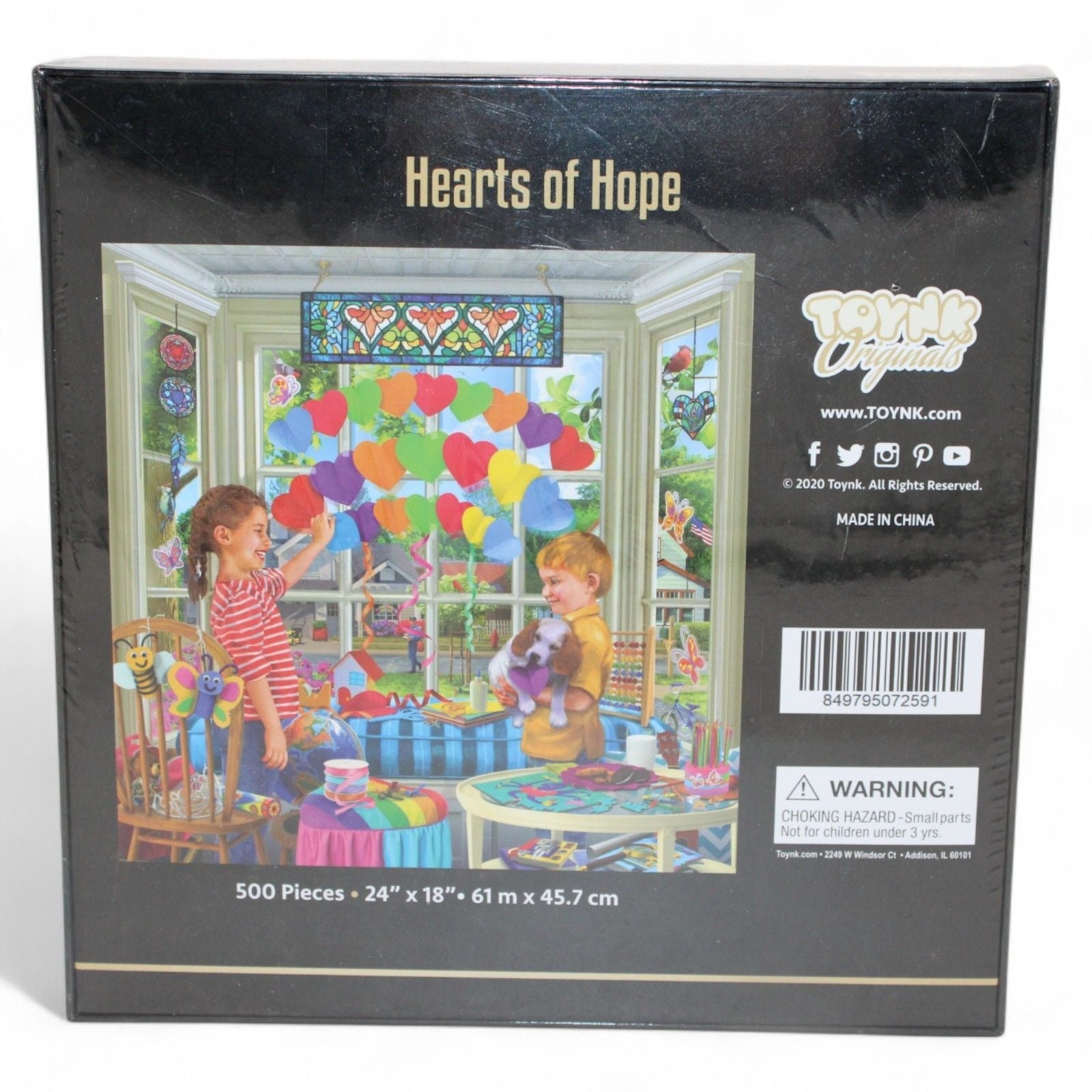 Back view of Hearts of Hope puzzle box with product details