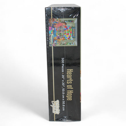 Side view of Hearts of Hope puzzle box displaying dimensions