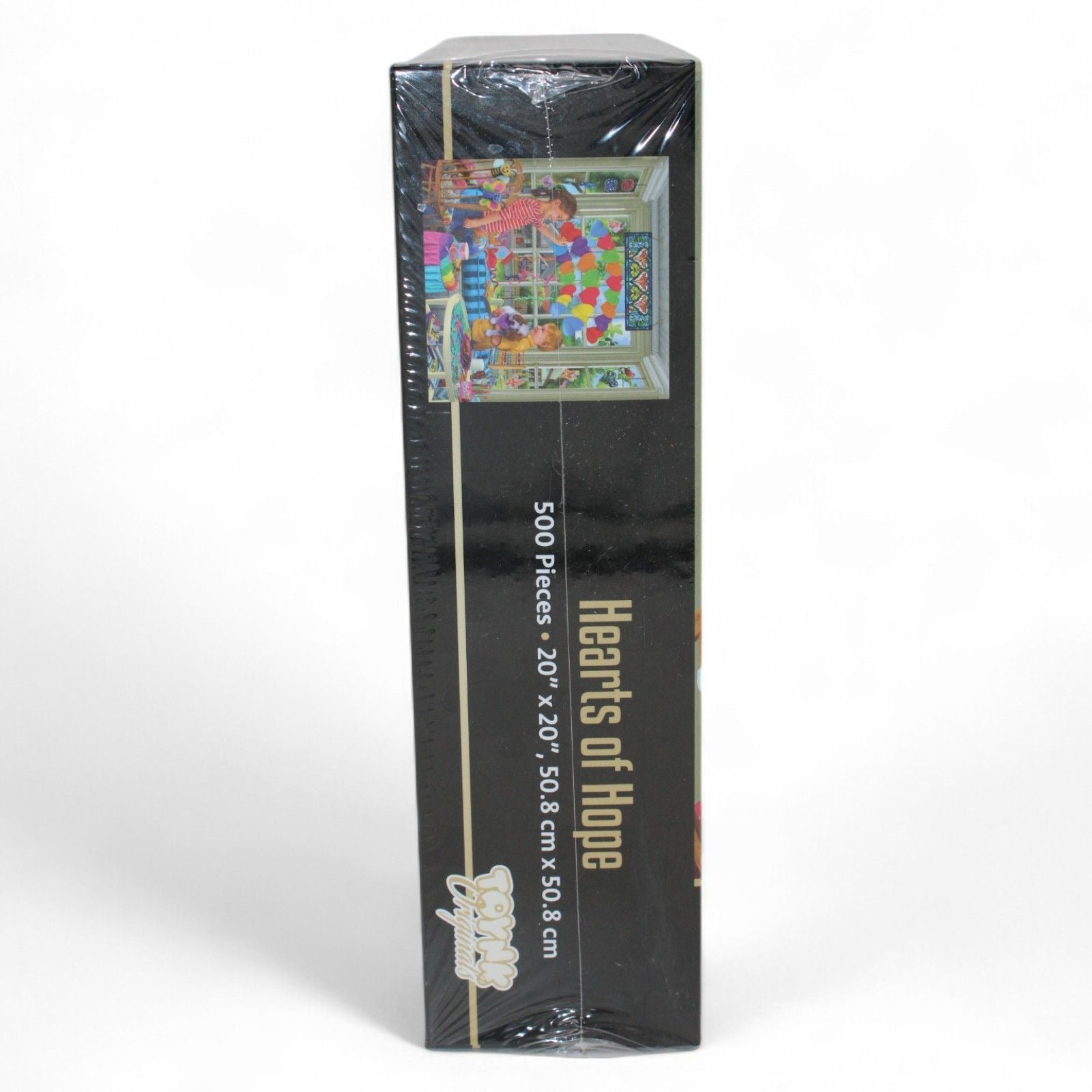 Side view of Hearts of Hope puzzle box displaying dimensions