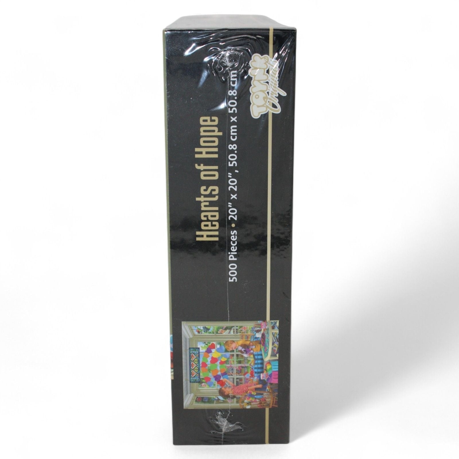 Another side view of Hearts of Hope puzzle box with branding