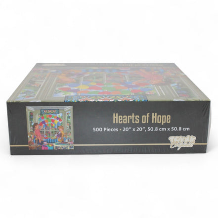 Top view of Hearts of Hope puzzle box with colorful design