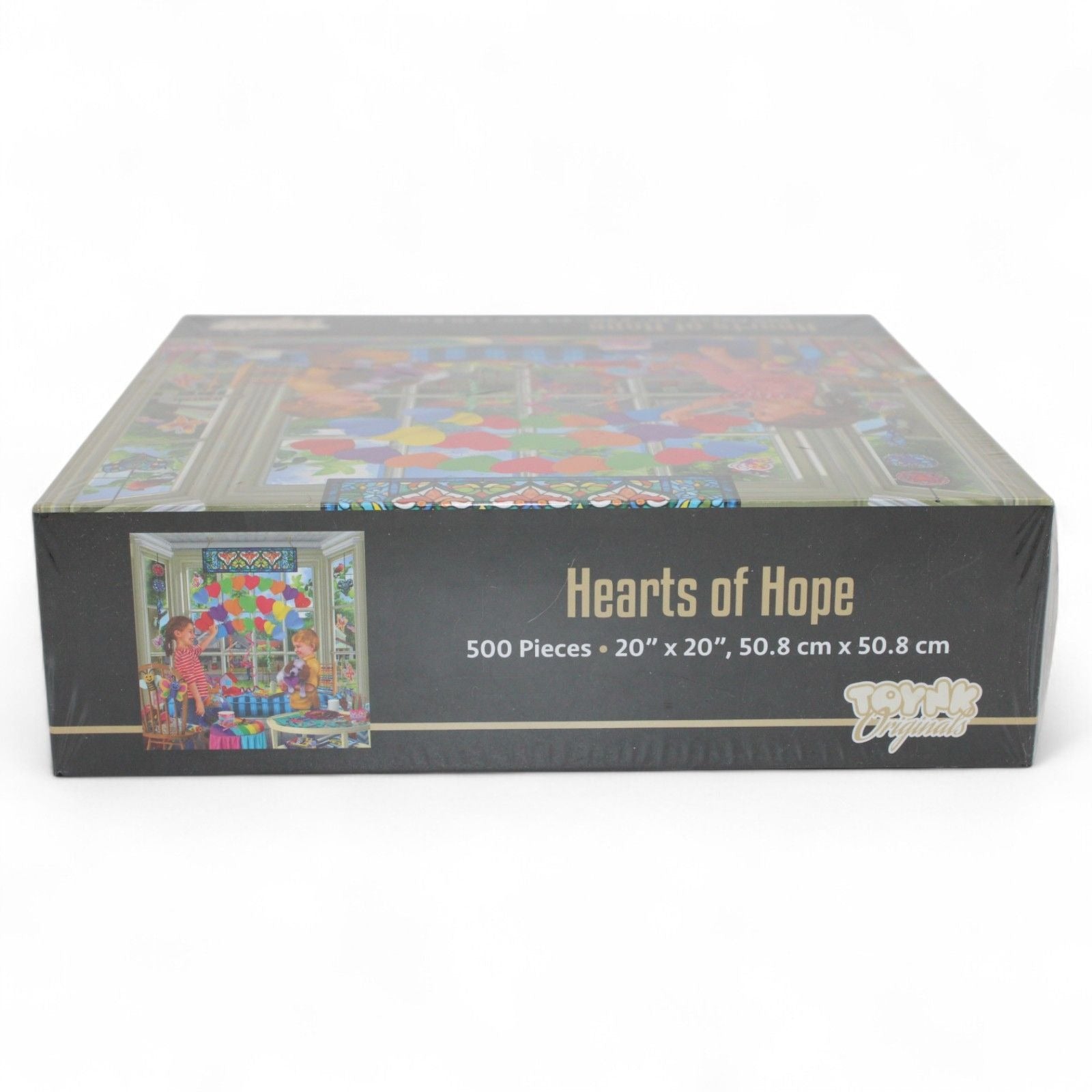 Top view of Hearts of Hope puzzle box with colorful design