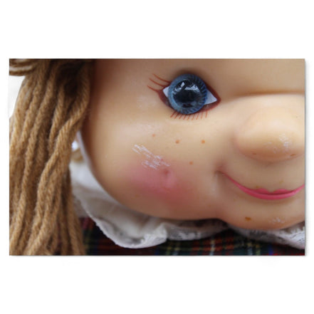 Detailed view of Heather doll's facial features