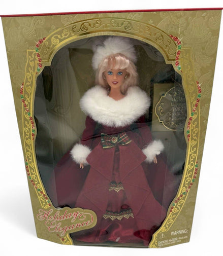Holiday Elegance Barbie Doll in red dress with fur trim in packaging
