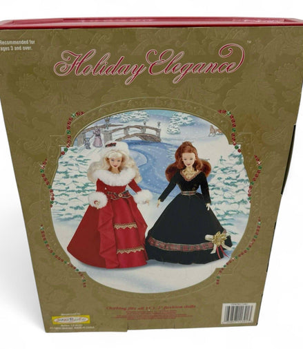 Back view of Holiday Elegance Barbie Doll packaging with festive design