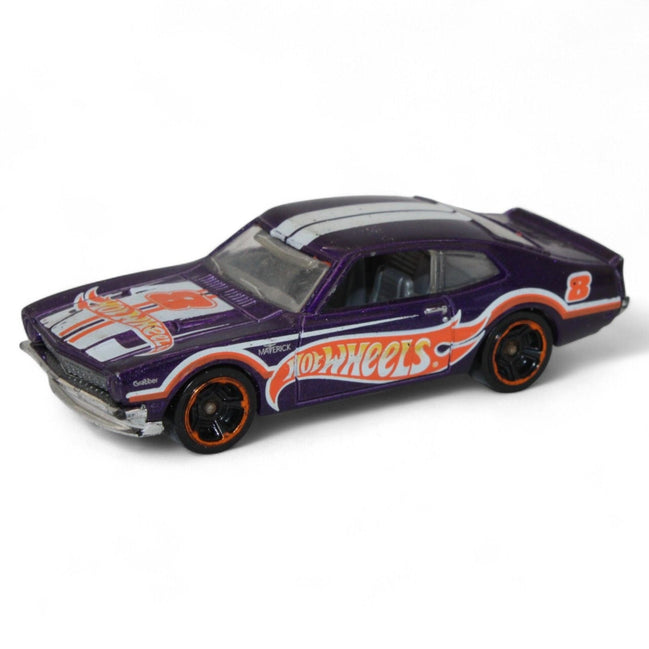 Hot Wheels '71 Ford Maverick Grabber in purple with orange wheels, side view