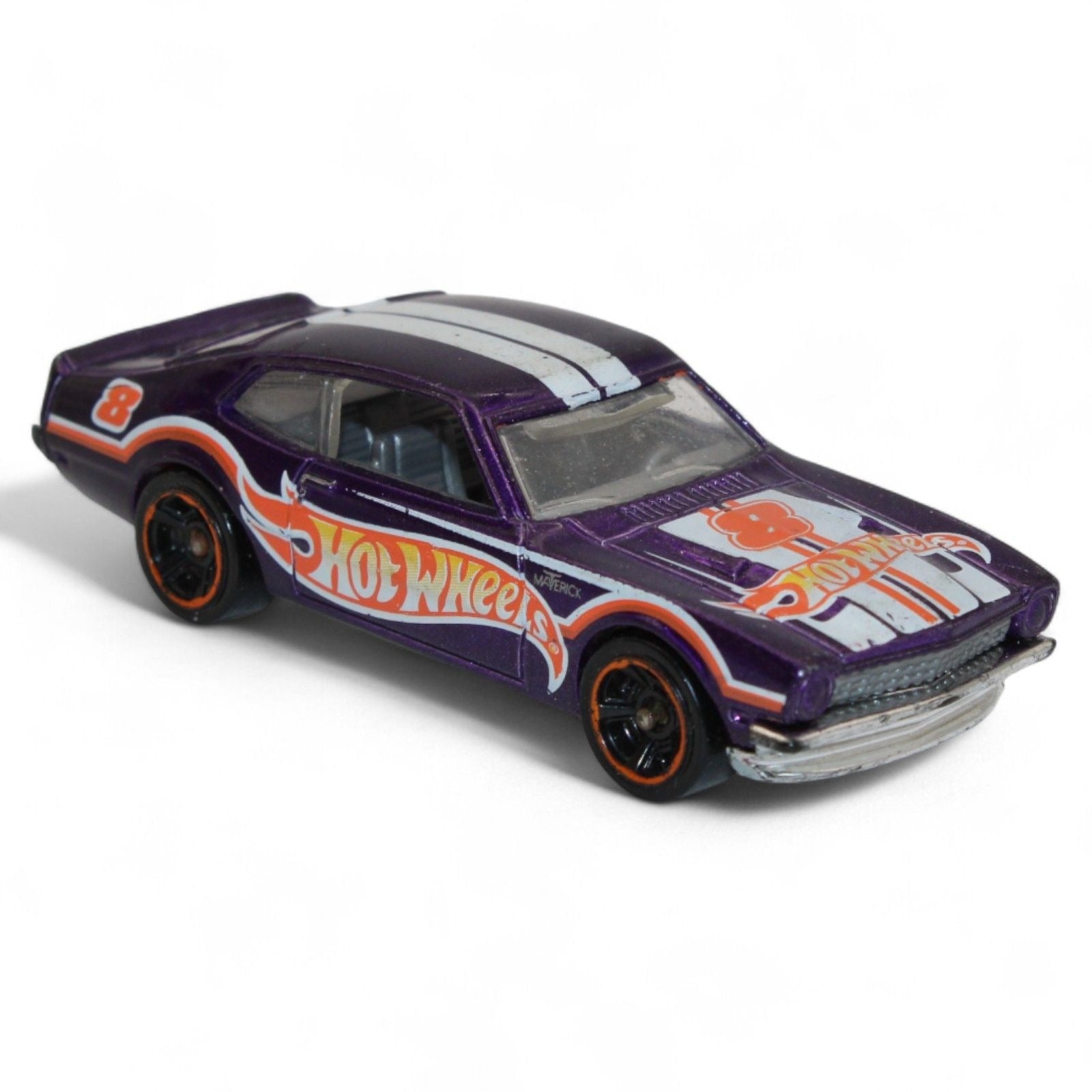 Angled view of Hot Wheels '71 Ford Maverick Grabber in purple with racing decals