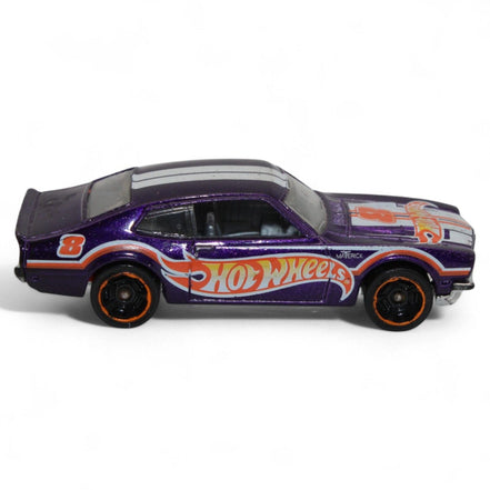 Side profile of Hot Wheels '71 Ford Maverick Grabber in purple with number 8