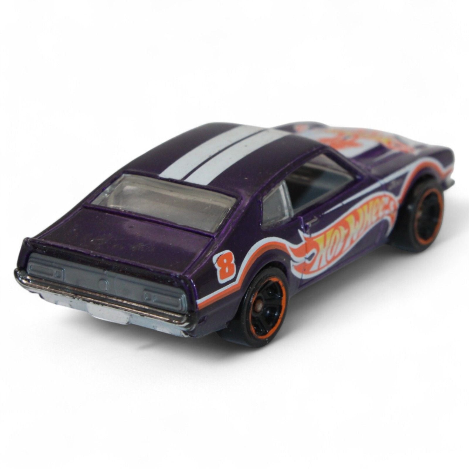 Rear view of Hot Wheels '71 Ford Maverick Grabber in purple with orange wheels