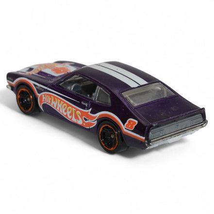 Hot Wheels '71 Ford Maverick Grabber in purple with orange wheels, side view