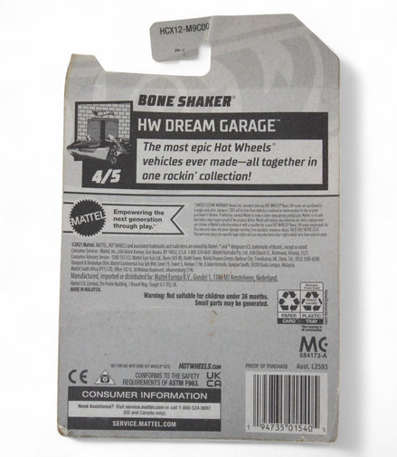 Back view of Hot Wheels Bone Shaker packaging with details
