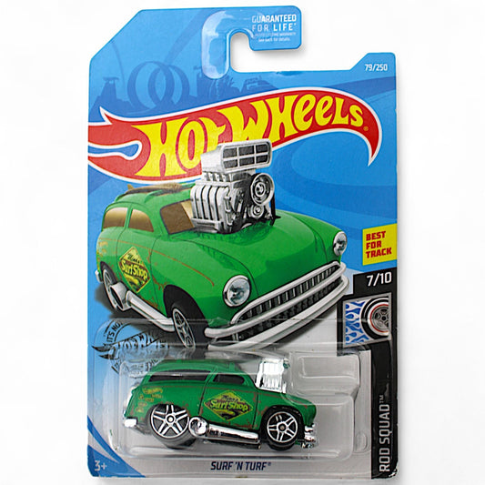 Hot Wheels Surf ’N Turf die‑cast car in green, Rod Squad edition 7/10 #79/250, sealed new on card
