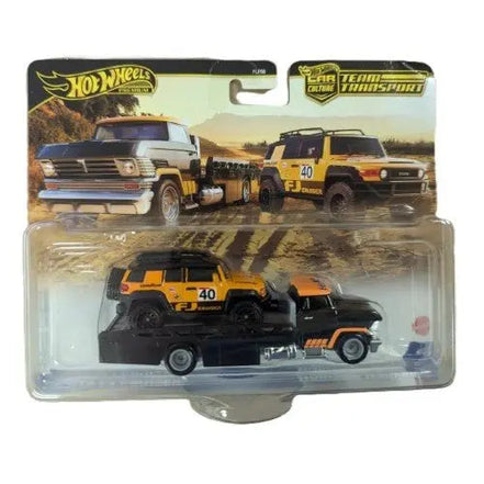Hot Wheels Team Transport featuring a yellow FJ Cruiser model in packaging