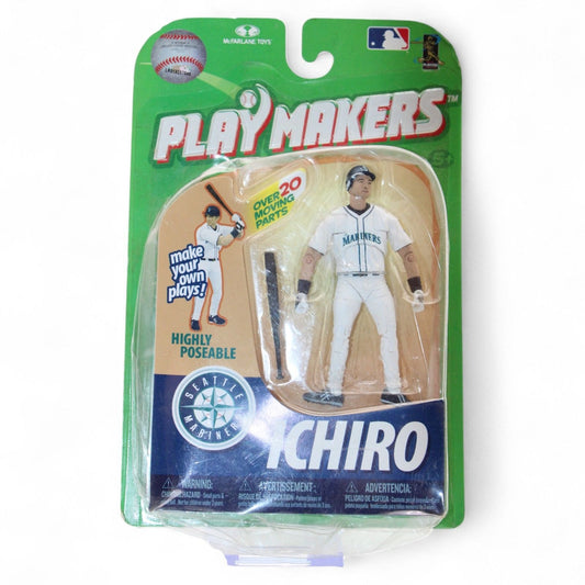 McFarlane Toys Playmakers Ichiro figure features the Seattle Mariners star in full uniform with over 20 articulation points for dynamic poses.
