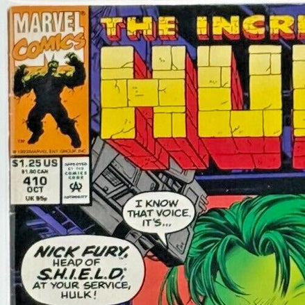 Close-up of Marvel Comics logo on Incredible Hulk #410