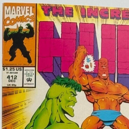 Close-up of Marvel Comics logo and issue details on The Incredible Hulk #412