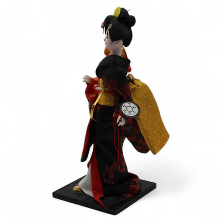 Japanese Geisha Doll with Black & Red Kimono and Gold Obi – japanese artFlip Side CollectiblesGeisha Dollasian artblack kimonocollectible doll2