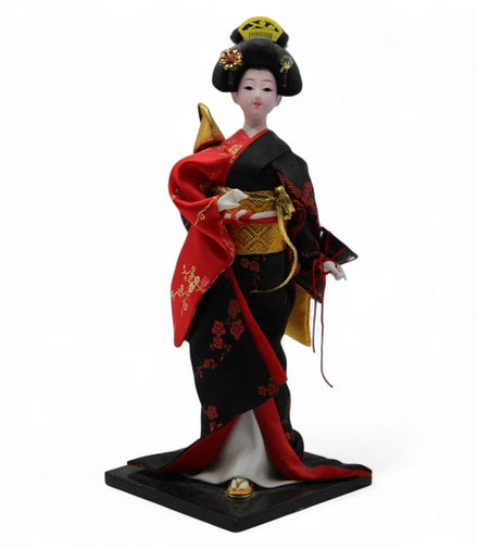 Japanese Geisha Doll with Black & Red Kimono and Gold Obi – japanese artFlip Side CollectiblesGeisha Dollasian artblack kimonocollectible doll1
