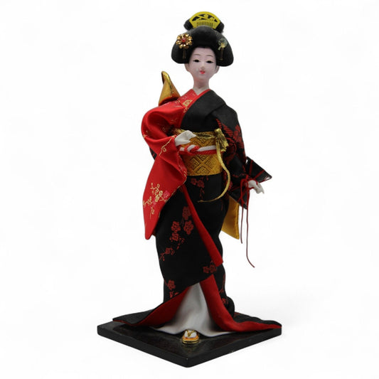 Japanese Geisha Doll Figurine Black & Red Kimono With Gold Obi & Intricate Hairpiece On Wooden Base