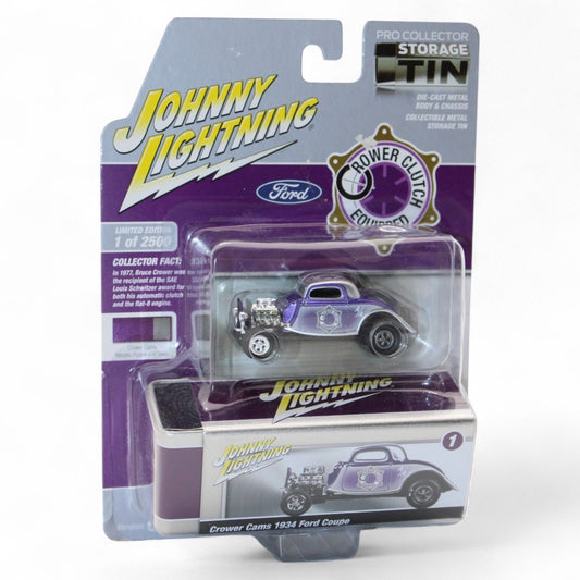 Front view of Johnny Lightning Crower Cams 1934 Ford Coupe die-cast car in purple and silver with collector tin packaging, limited edition 1 of 2500.  
