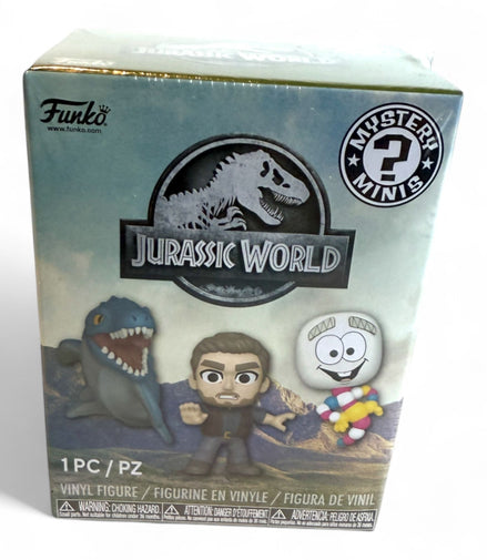 Box of Jurassic World Funko Mystery Minis showing various collectible figures