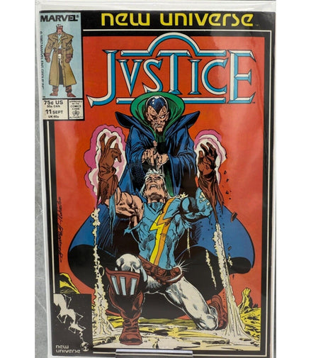 Justice comic book cover from Marvel's New Universe series featuring superhero Justice