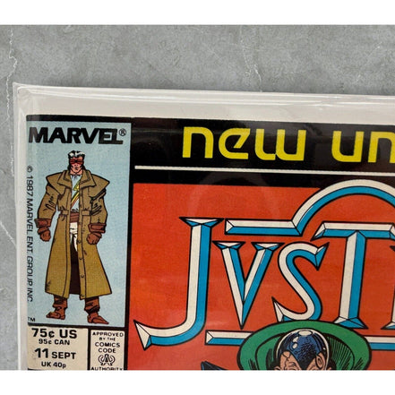Close-up of Marvel logo and New Universe branding on Justice comic book